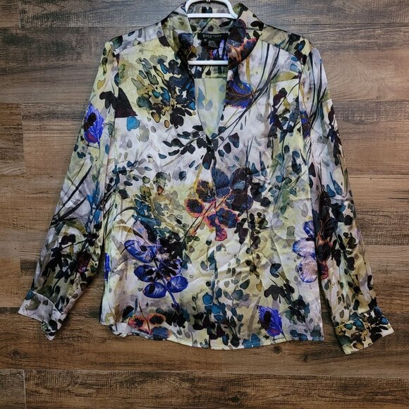 Etcetera Silk Top Size 12 Button Front Botanical Long Sleeve Multi Color - Picture 1 of 9